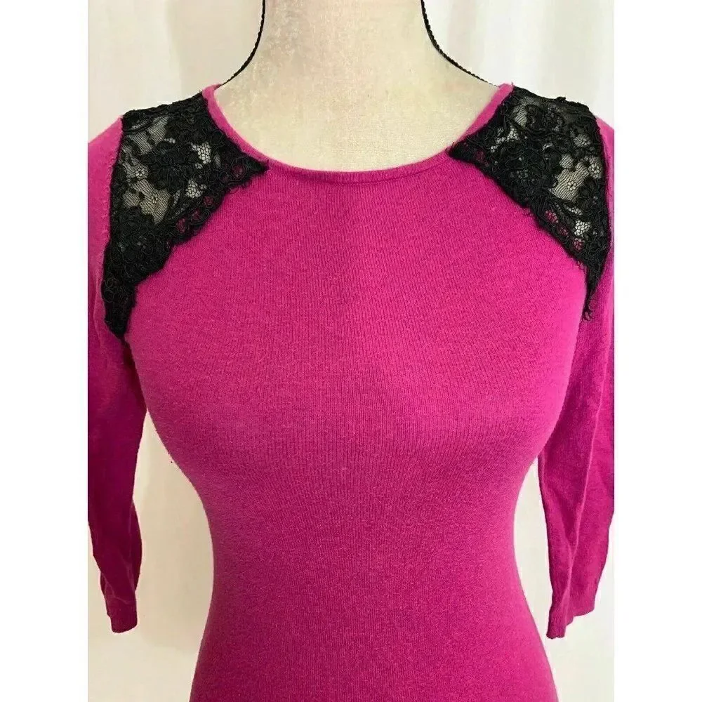 Topshop Womens Pink Black Lace Long Sleeve Top Sweater 2 Xs